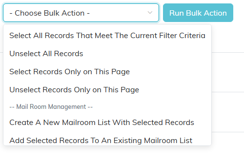 The bulk action menu open showing the Mail Room Management options
