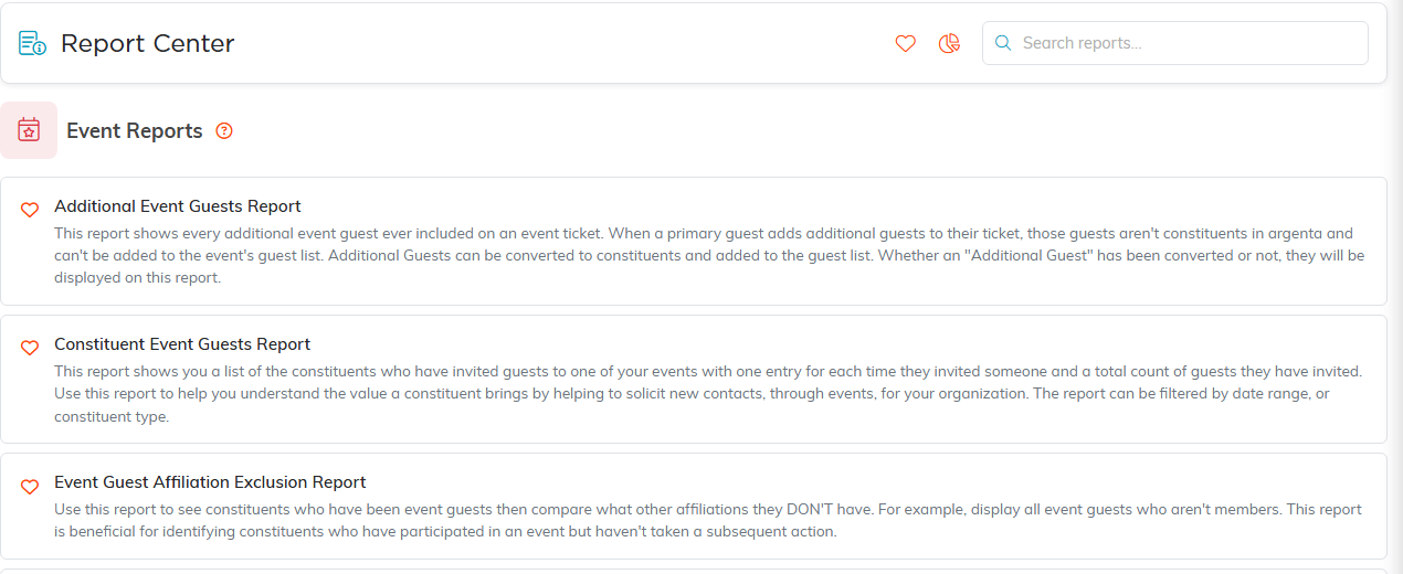 The Event Reports category listing each report