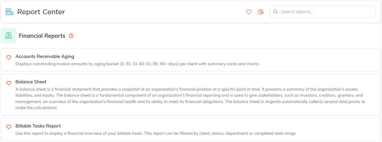 The Financial Reports category listing each report