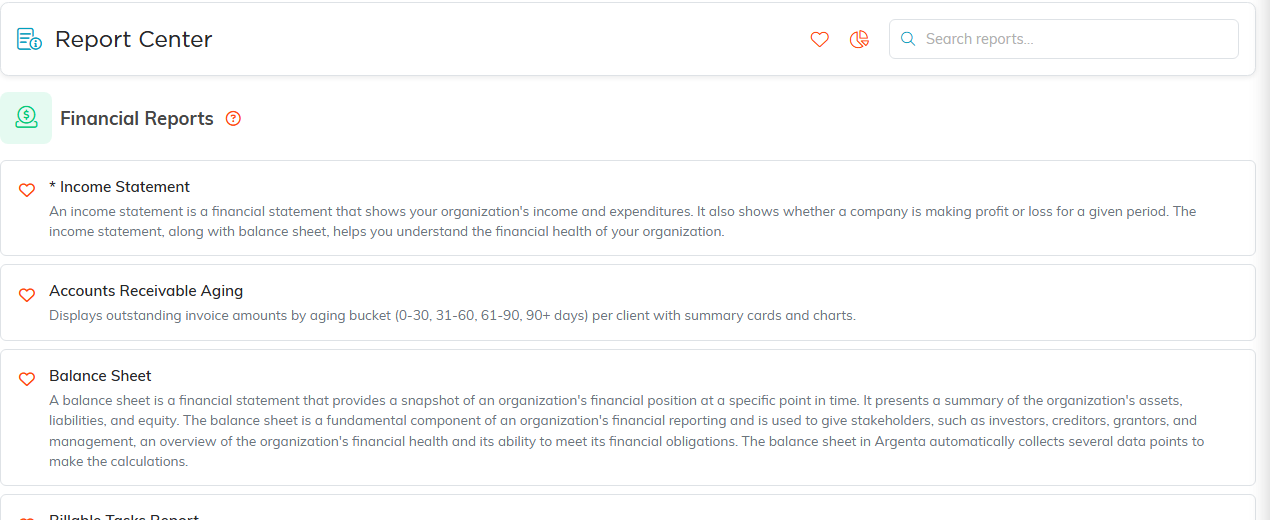 The Financial Reports category listing each report