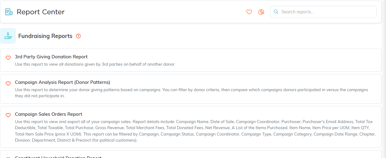 The Fundraising Reports category listing each report