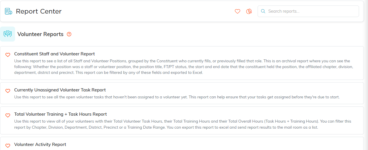 The Volunteer Reports category listing each report