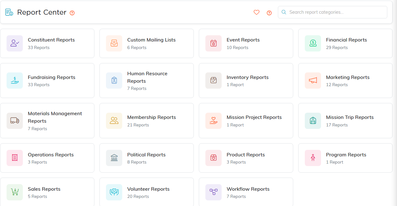 The Report Center home page with its report categories