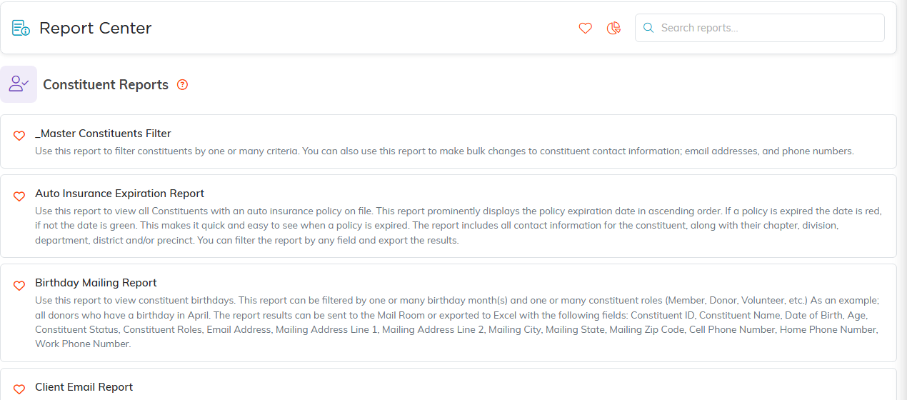 A report category open, listing each report with its description