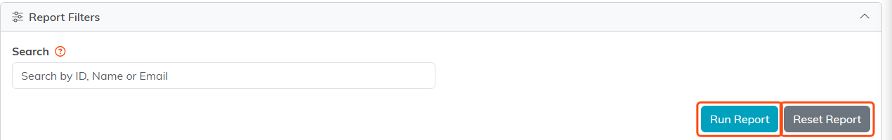 A report filter panel with Run Report and Reset Report highlighted