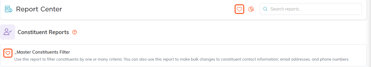 The Report Center header heart and a report row heart, both highlighted