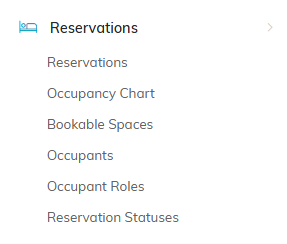 The Reservations menu group expanded to show Reservations, Occupancy Chart, Bookable Spaces, Occupants, Occupant Roles and Reservation Statuses