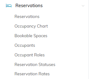 The Reservations menu group expanded to show Reservations, Occupancy Chart, Bookable Spaces, Occupants, Occupant Roles, Reservation Statuses and Reservation Rates