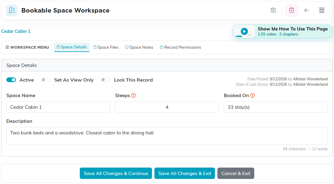 The Space Details card with the Active toggle and the Space Name, Sleeps, Booked On and Description fields