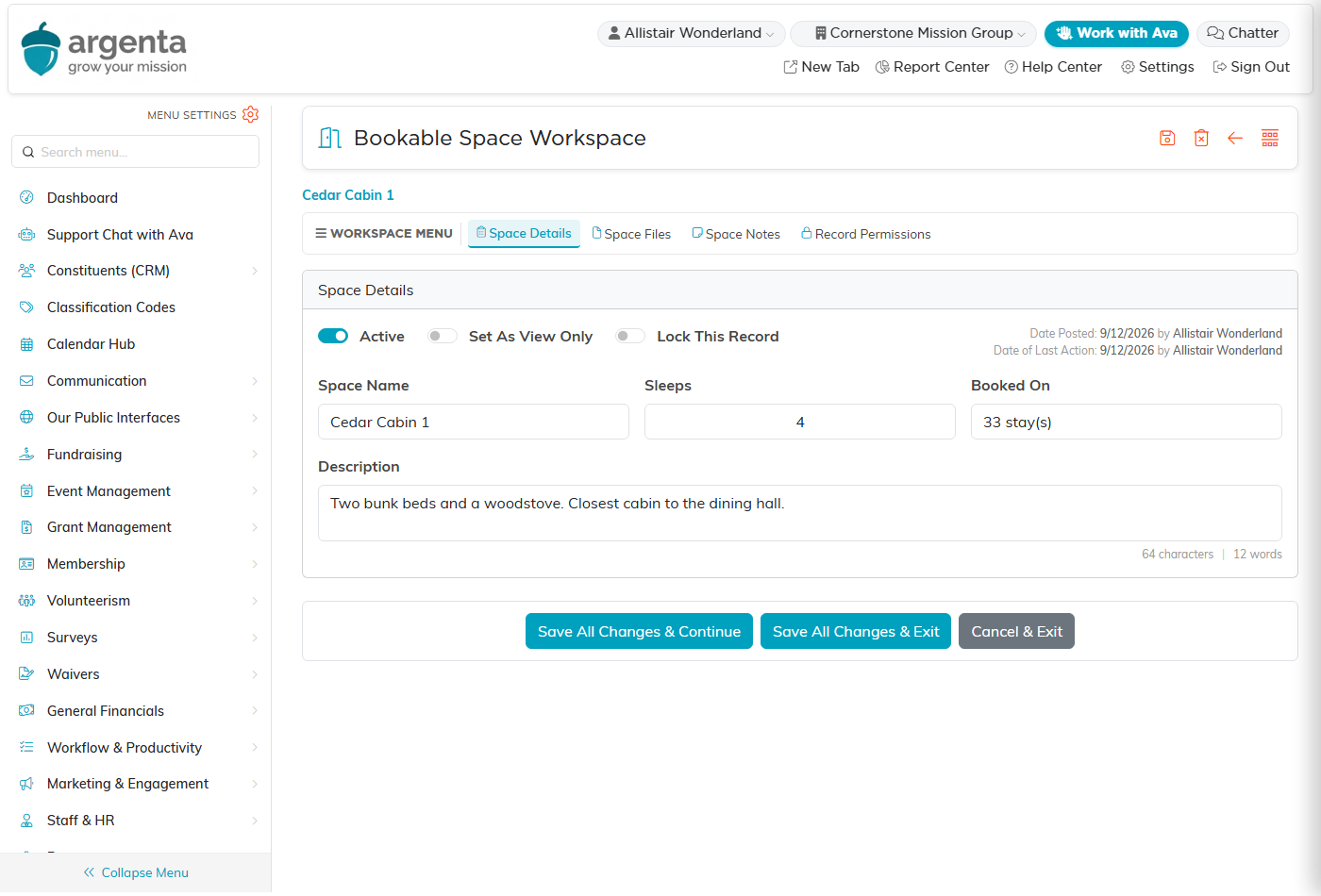 The Space Details card with the Active toggle and the Space Name, Sleeps, Booked On and Description fields