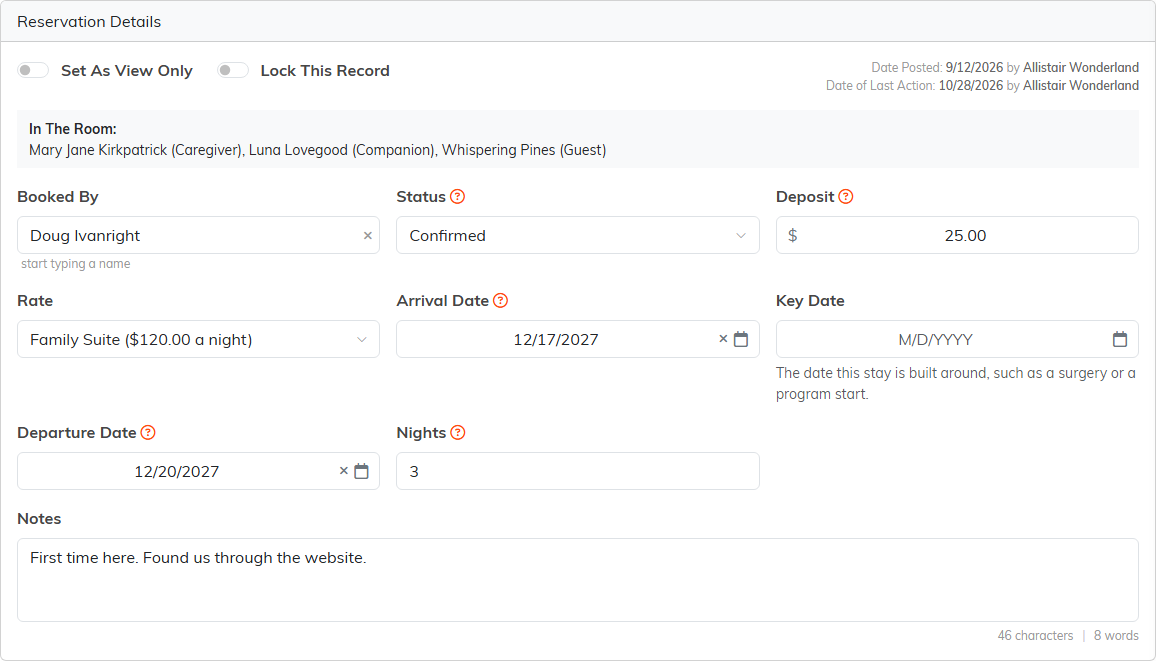 The Reservation Details card with In The Room, Booked By, Status, Deposit, Rate, Arrival Date, Key Date, Departure Date and Nights