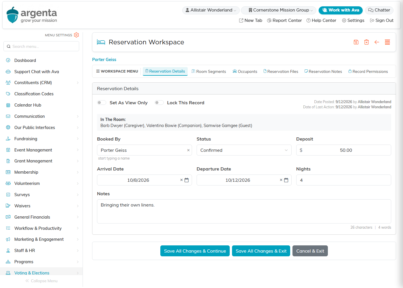 The Reservation Details card with In The Room, Booked By, Status, Deposit, Arrival Date, Departure Date and Nights