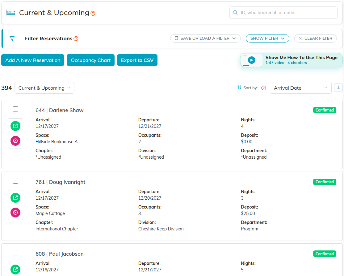 The Current and Upcoming reservations list with the Add A New Reservation button and a status badge on each card