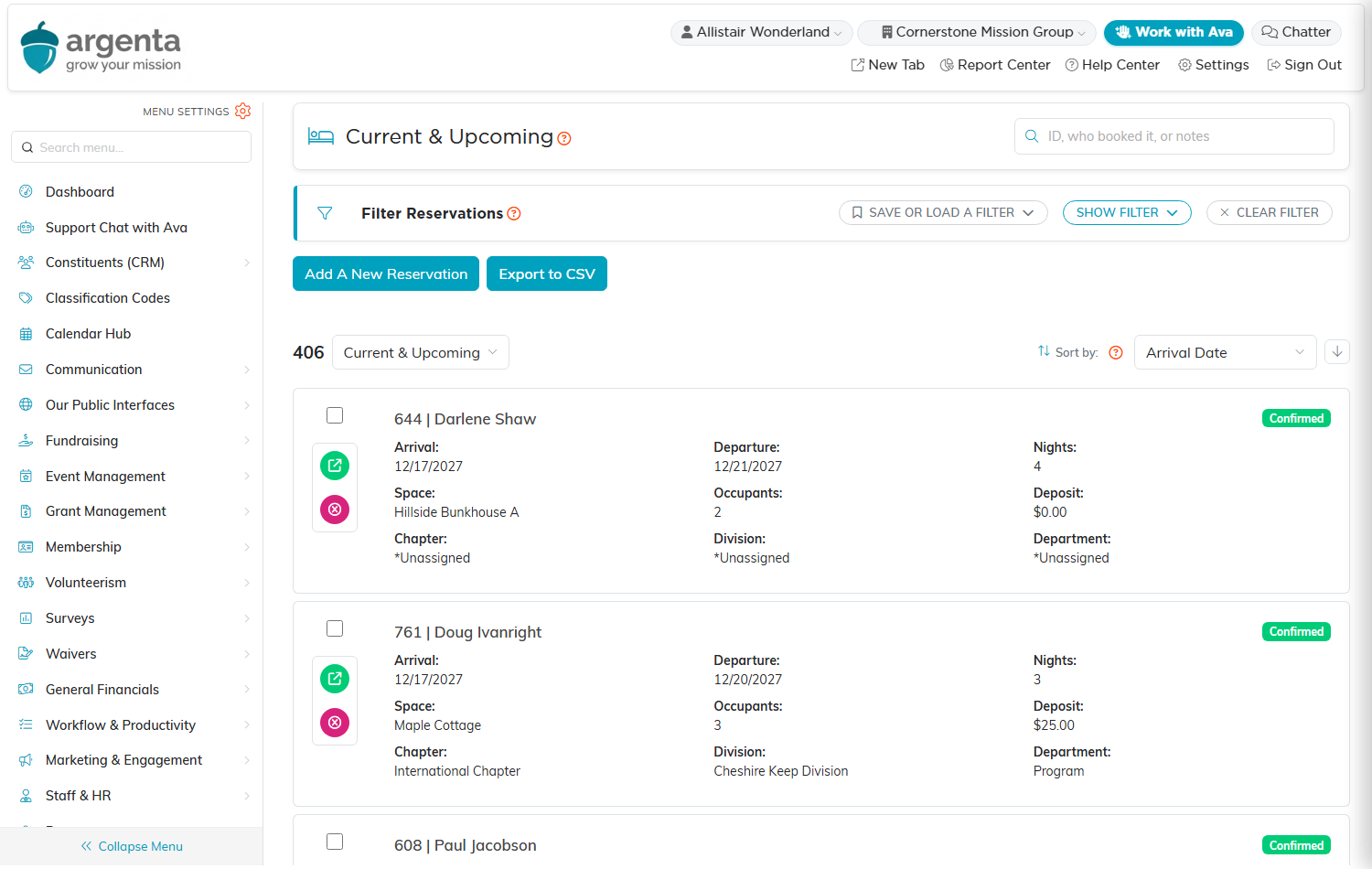 The Current and Upcoming reservations list with the Add A New Reservation button and a status badge on each card