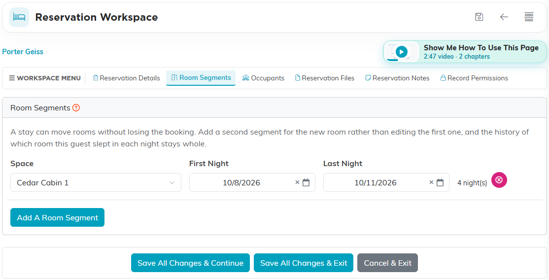 The Room Segments page with two segments, each showing Space, First Night, Last Night and a night count