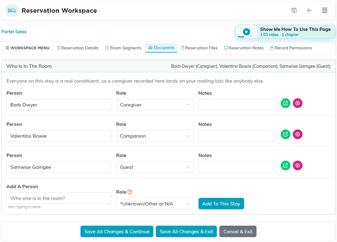 The Who Is In The Room card listing each person with their role, and the Add A Person field with the Add To This Stay button