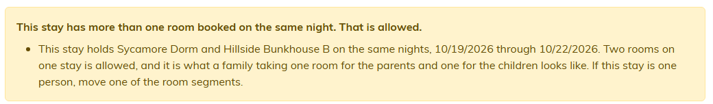 A booking message naming the two rooms and the nights they share, and explaining that two rooms on one stay is allowed