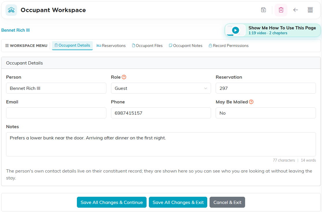 The Occupant Details card with Person, Role, Reservation, Email, Phone, May Be Mailed and Notes