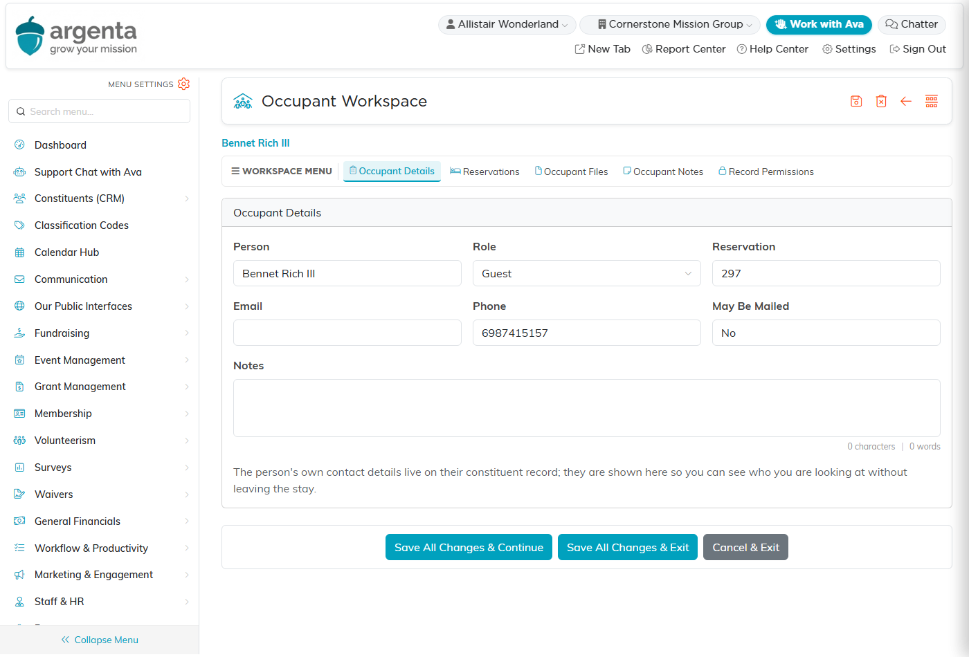 The Occupant Details card with Person, Role, Reservation, Email, Phone, May Be Mailed and Notes