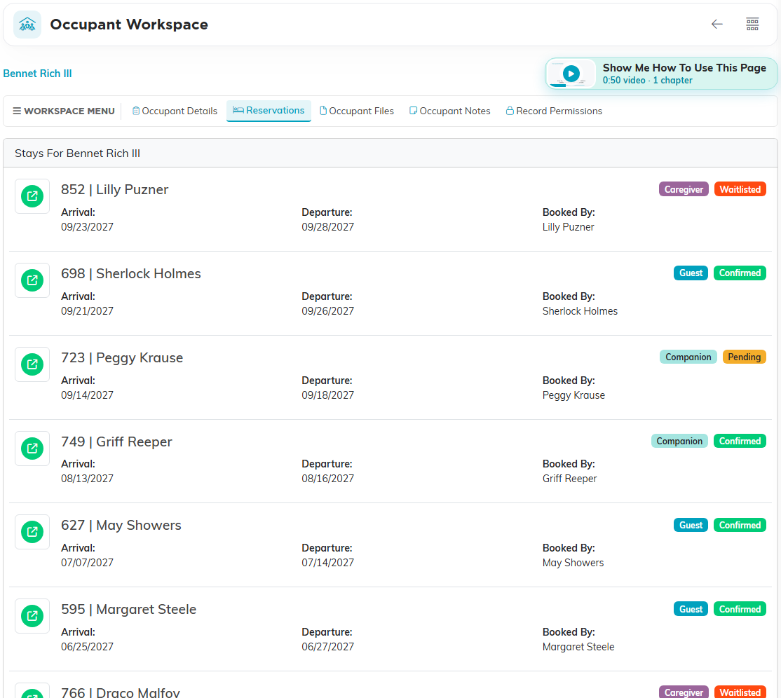 The Reservations page on an occupant record, listing every stay with a role badge and a color-coded status badge
