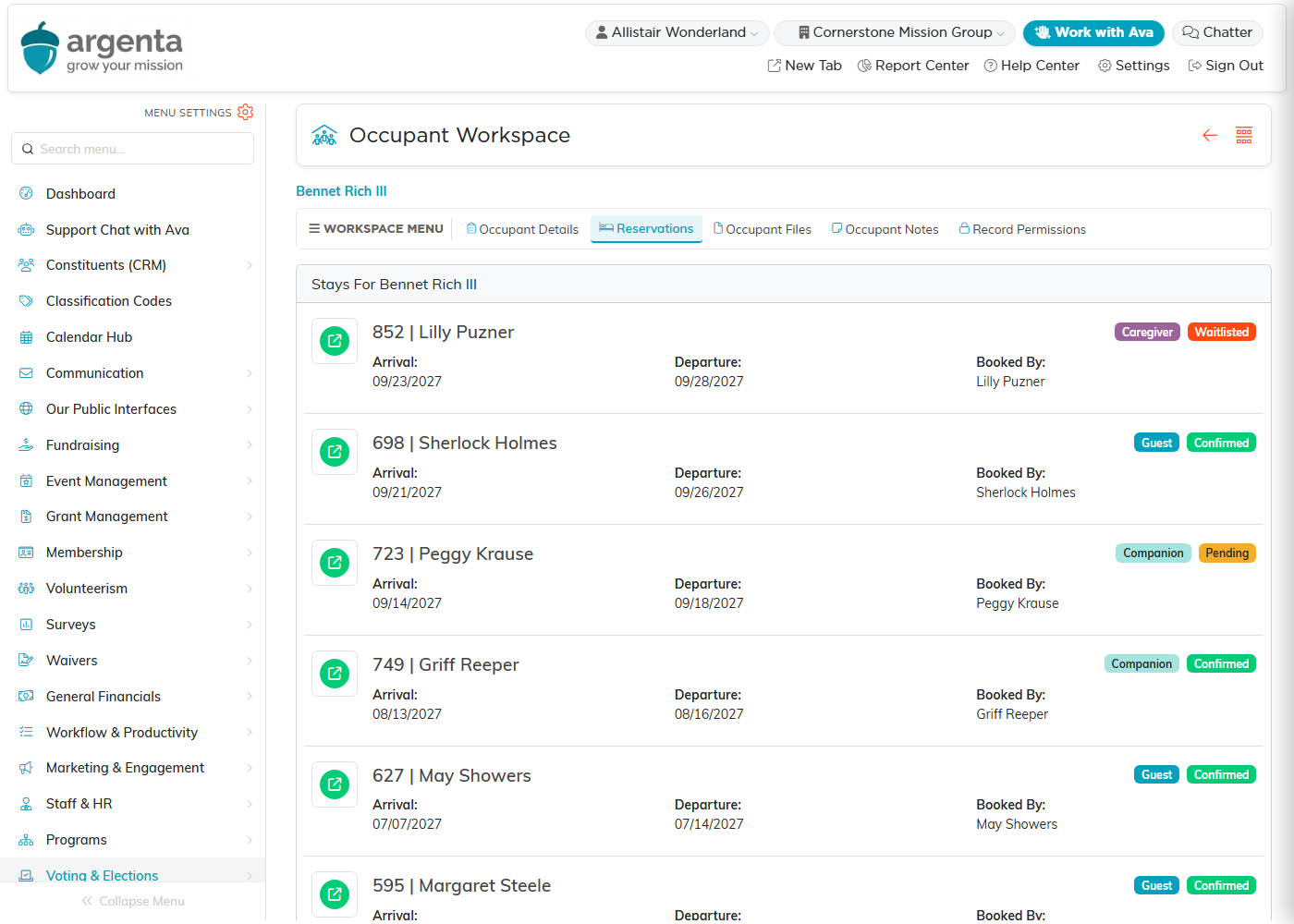 The Reservations page on an occupant record, listing every stay with a role badge and a colour-coded status badge