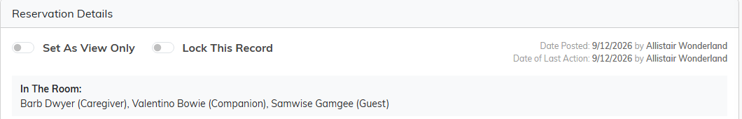 The Set As View Only and Lock This Record switches at the top of a reservation, above the In The Room summary