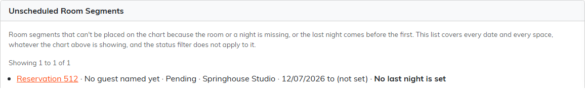 The Unscheduled Room Segments list, showing one pending segment with no last night set