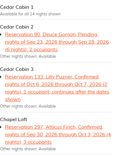 The Occupancy Chart on a phone, listing each space with its stays and nights written out