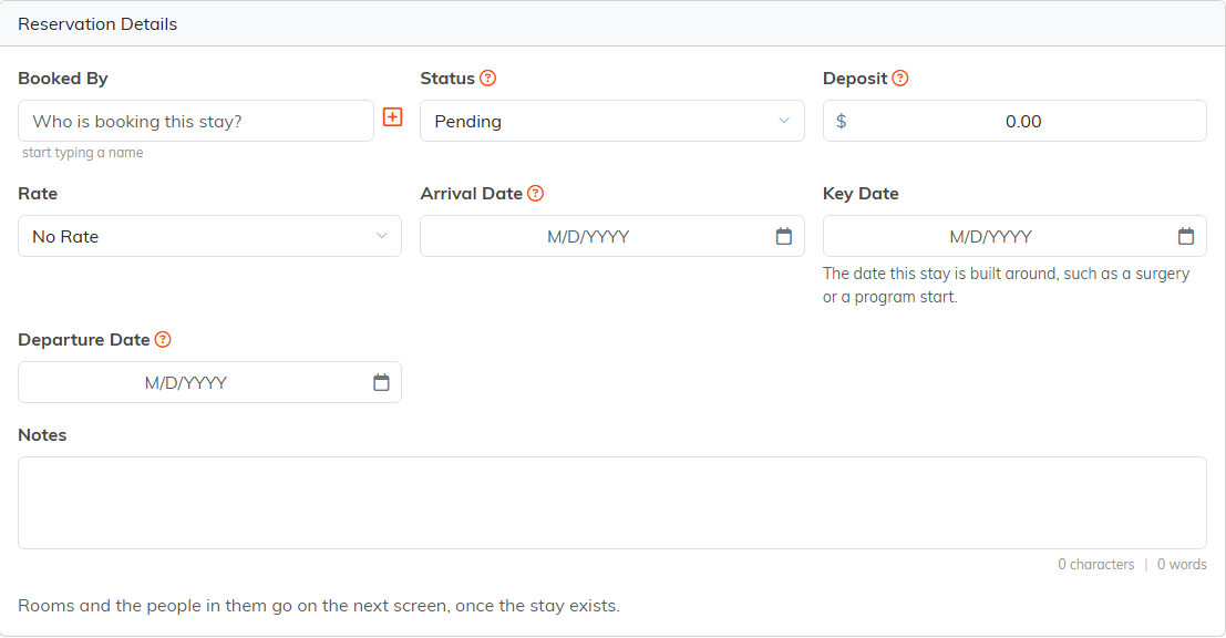 The Add A Reservation page with Booked By and its add button, Status, Deposit, Rate set to No Rate, Arrival Date, Key Date, Departure Date and Notes