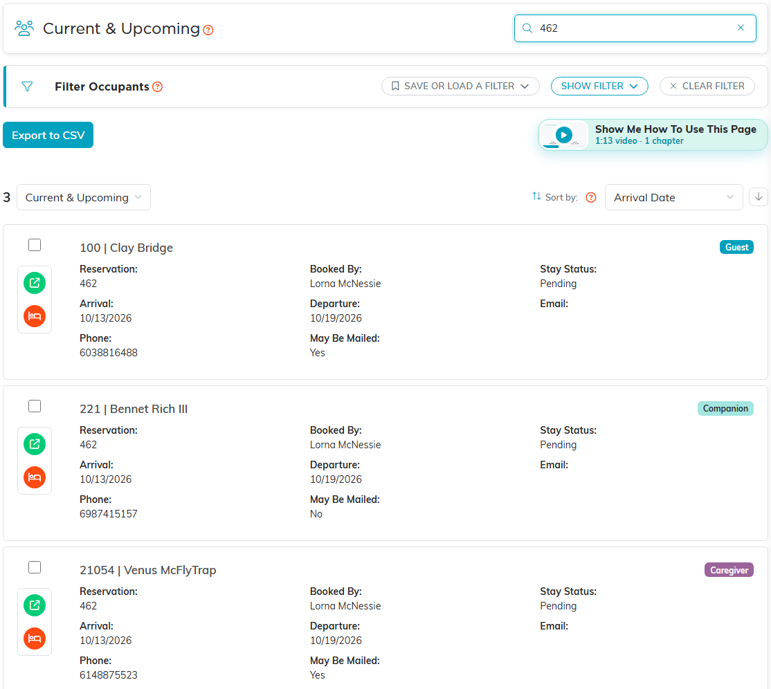 The Occupants list on Current and Upcoming searched for reservation 462, with the Filter Occupants bar, the Export to CSV button, and a card for each of its three people showing their role badge, reservation, who booked it, stay status, dates, phone and May Be Mailed