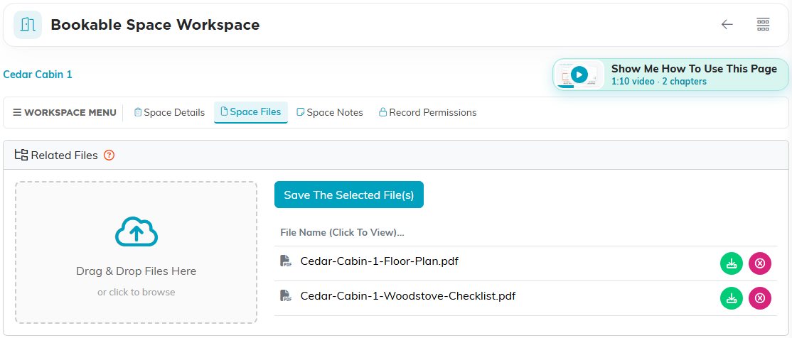 The Space Files page on Cedar Cabin 1, with the Drag and Drop Files Here box and two files listed