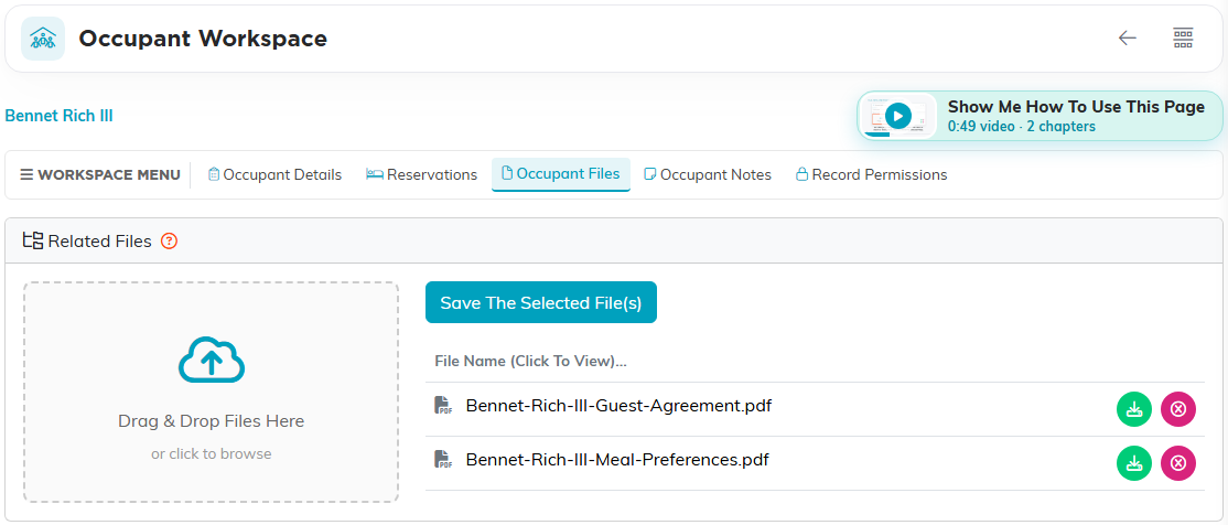 The Occupant Files page on Bennet Rich III, with the Drag and Drop Files Here box and two files listed