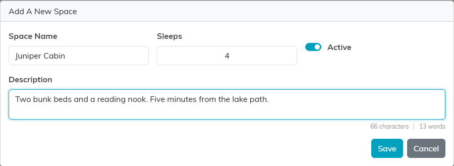The Add A New Space box filled in with Space Name, Sleeps, the Active switch turned on, and a Description, above the Save and Cancel buttons