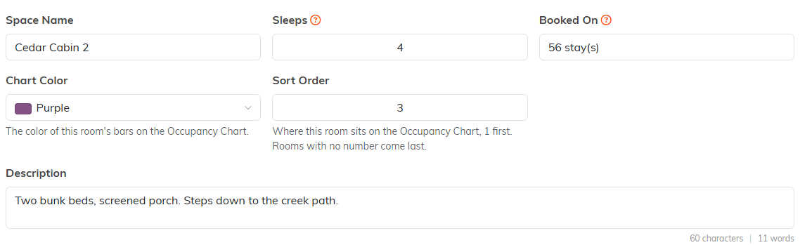 Space Details for Cedar Cabin 2 with Chart Color set to Purple and Sort Order set to 3, each with its note underneath