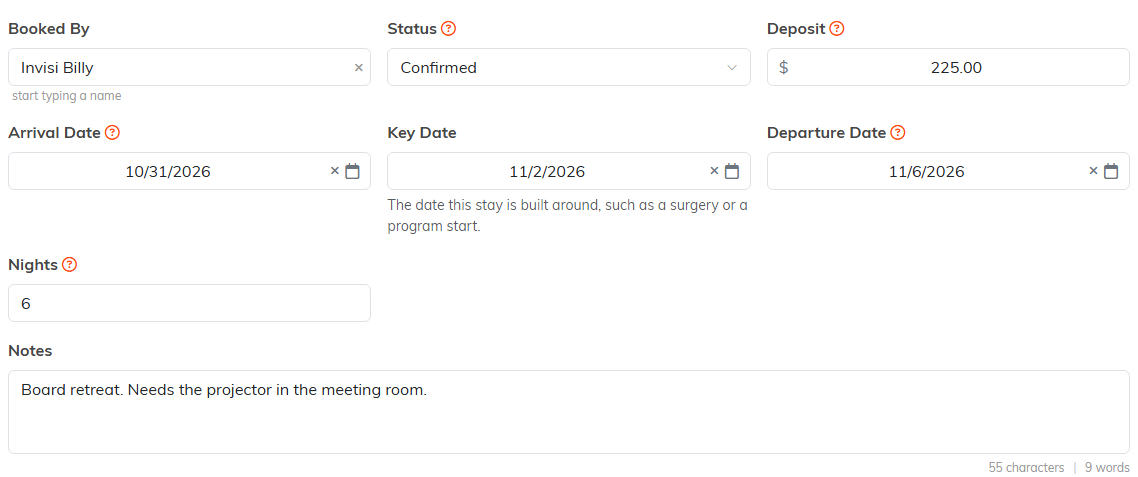 Reservation Details with Arrival Date, Key Date and Departure Date side by side, and the note under Key Date