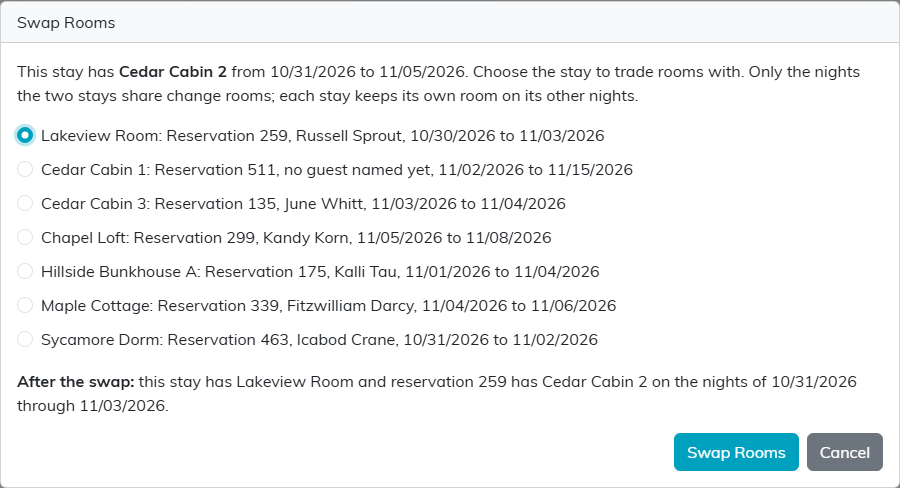 The Swap Rooms window for a stay in Cedar Cabin 2, listing the confirmed stays it can trade with, Lakeview Room chosen, and the After the swap sentence above the Swap Rooms and Cancel buttons