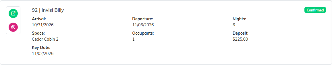 A stay card on the Reservations list showing arrival, departure, nights, space, occupants, deposit, and Key Date