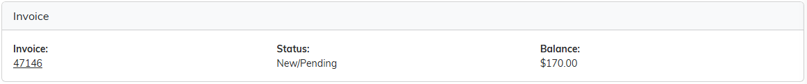 The Invoice card on a stay showing invoice 47146, status New/Pending, balance 170.00