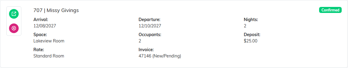A stay card on the Reservations list showing arrival, departure, nights, space, occupants, deposit, Rate Standard Room and Invoice 47146 (New/Pending)