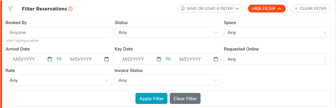 The Filter Reservations panel with Booked By, Status, Space, Arrival Date, Key Date, Requested Online, Rate and Invoice Status