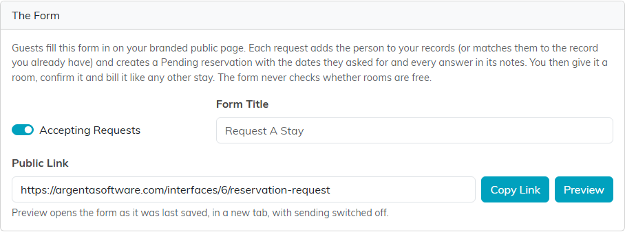 The Form card with the Accepting Requests switch, Form Title, Public Link, Copy Link and Preview