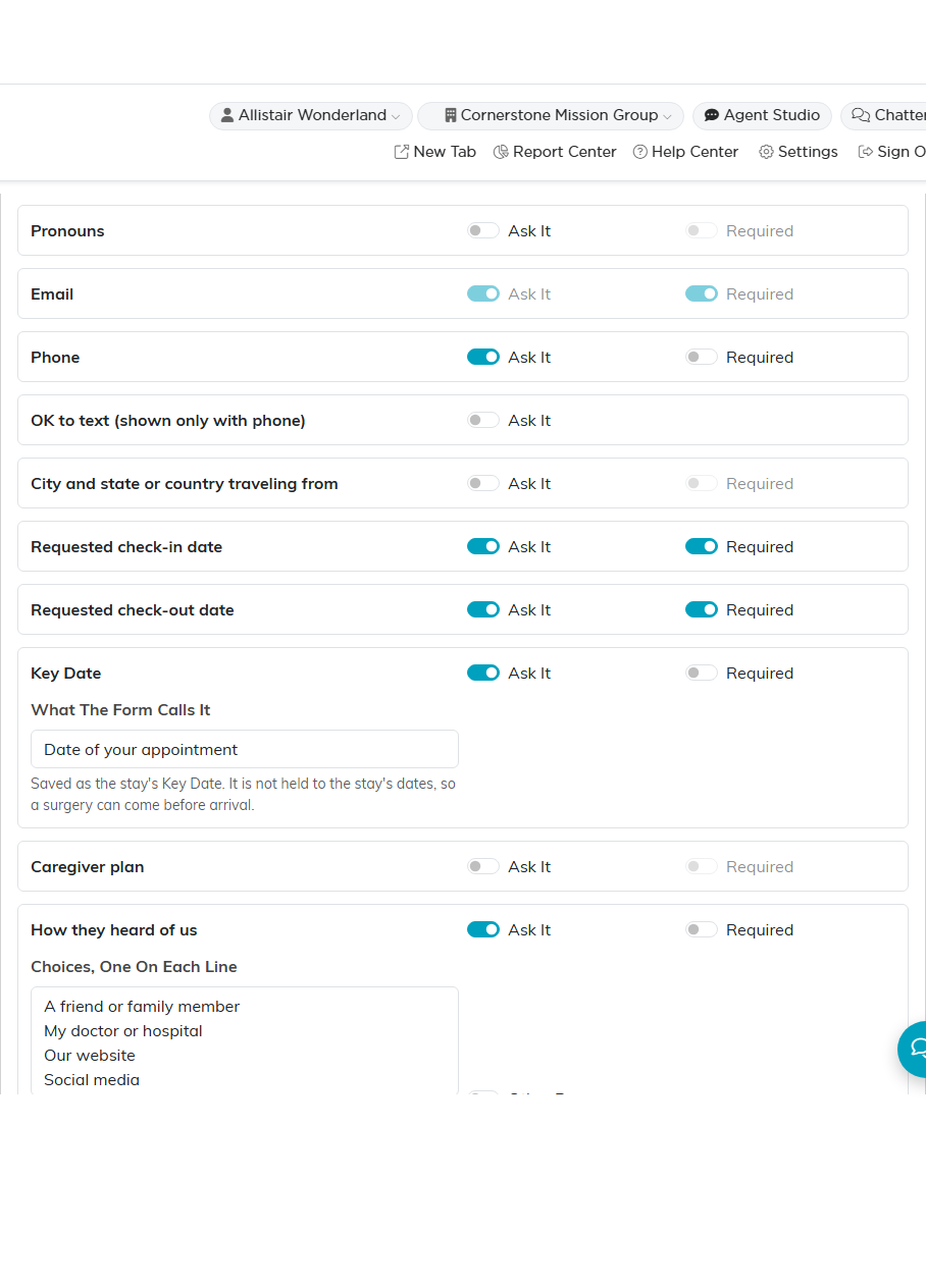 Standard Questions card with Ask It and Required switches for each question and the Key Date label box