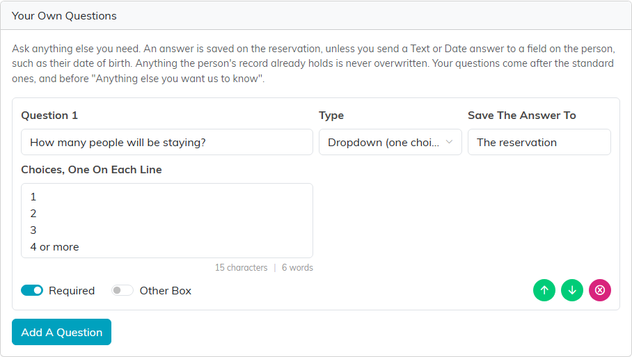 Your Own Questions card with a dropdown question, its choices, Required and Other Box switches, and Add A Question