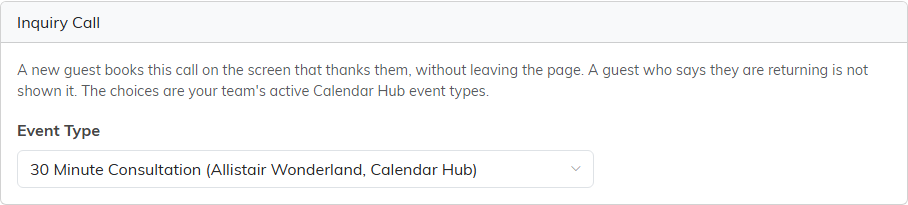 Inquiry Call card with the Event Type picker