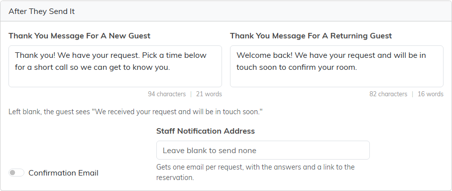 After They Send It card with the two thank you messages, the Confirmation Email switch and the Staff Notification Address