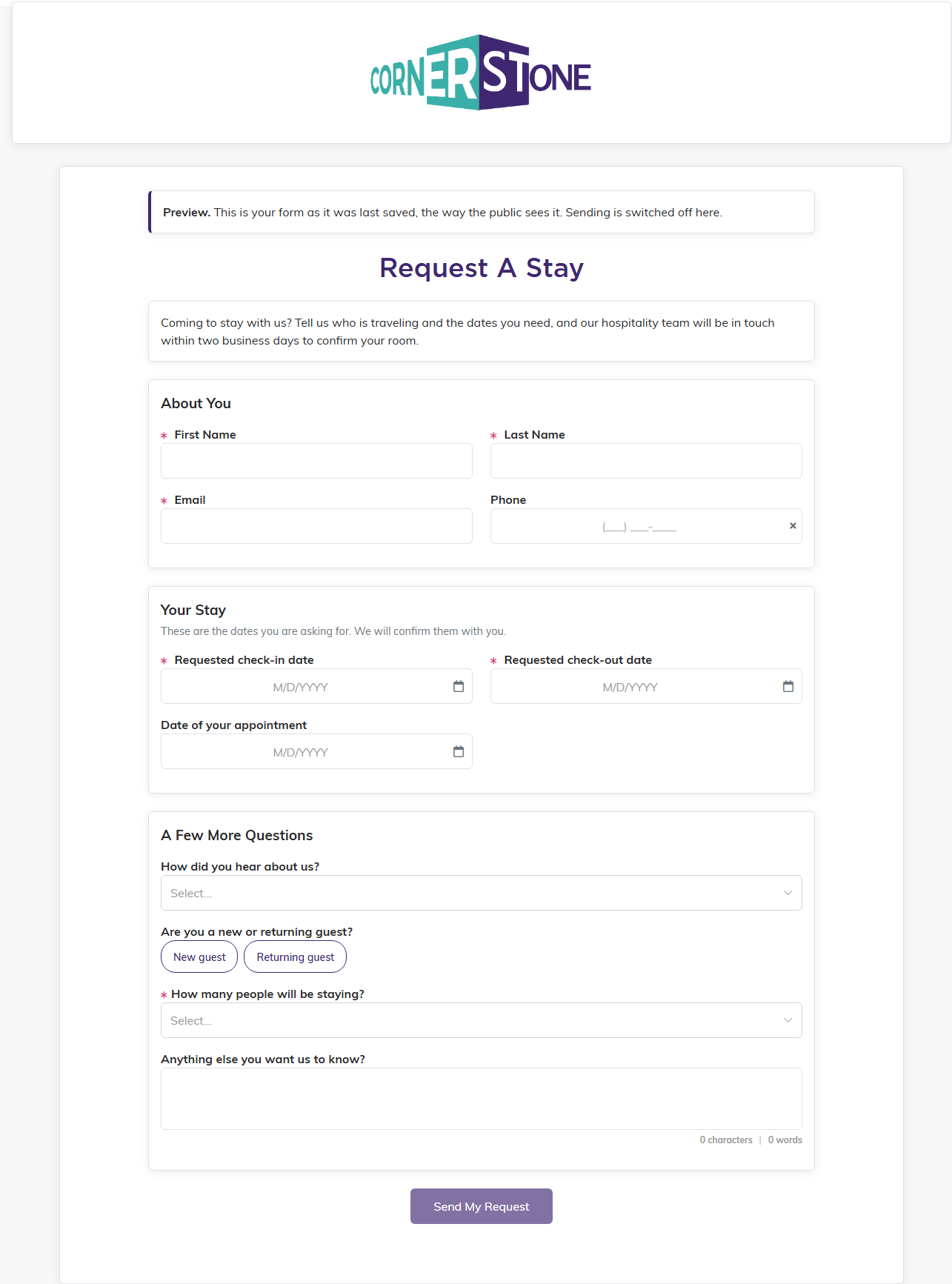 The public Request A Stay form in Preview, with About You, Your Stay, A Few More Questions and Send My Request