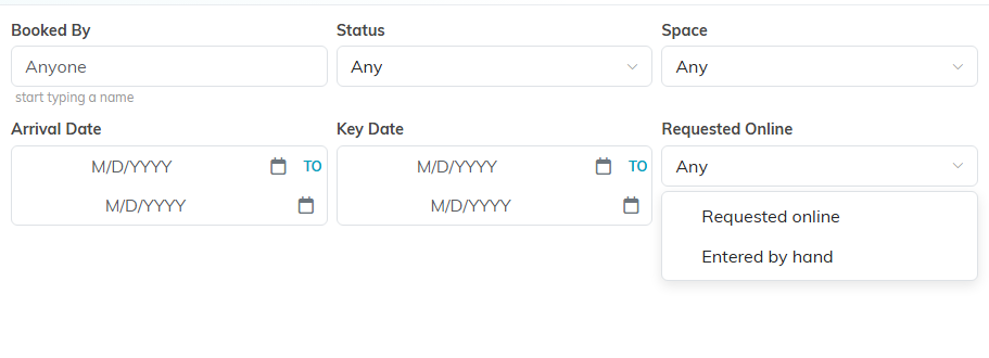 Reservations filters with the Requested Online filter open, showing Requested online and Entered by hand