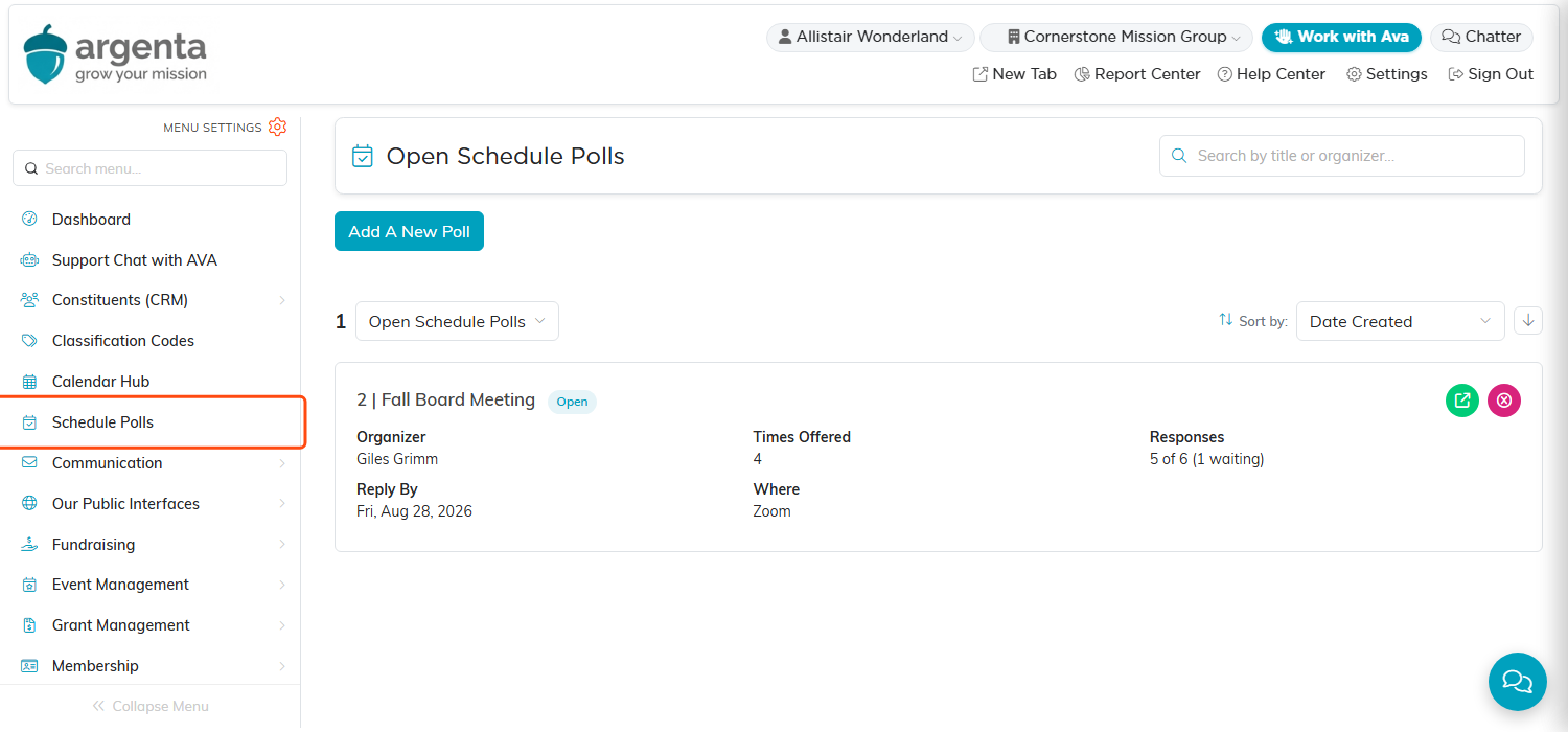 The Schedule Polls entry in the main menu, and the list showing a poll with its organizer, times offered and responses, above the status filter