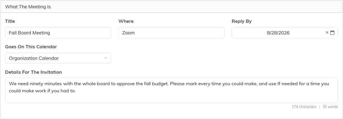 The What The Meeting Is card showing Title, Where, Reply By, Goes On This Calendar and the invitation details box