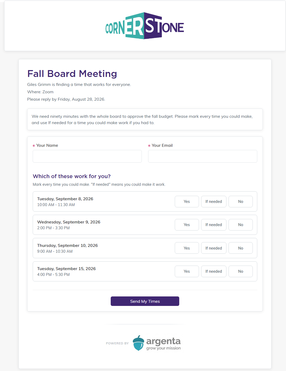 The public voting page in the organization's own branding, asking for a name and email and offering Yes, If needed and No against each of the four times